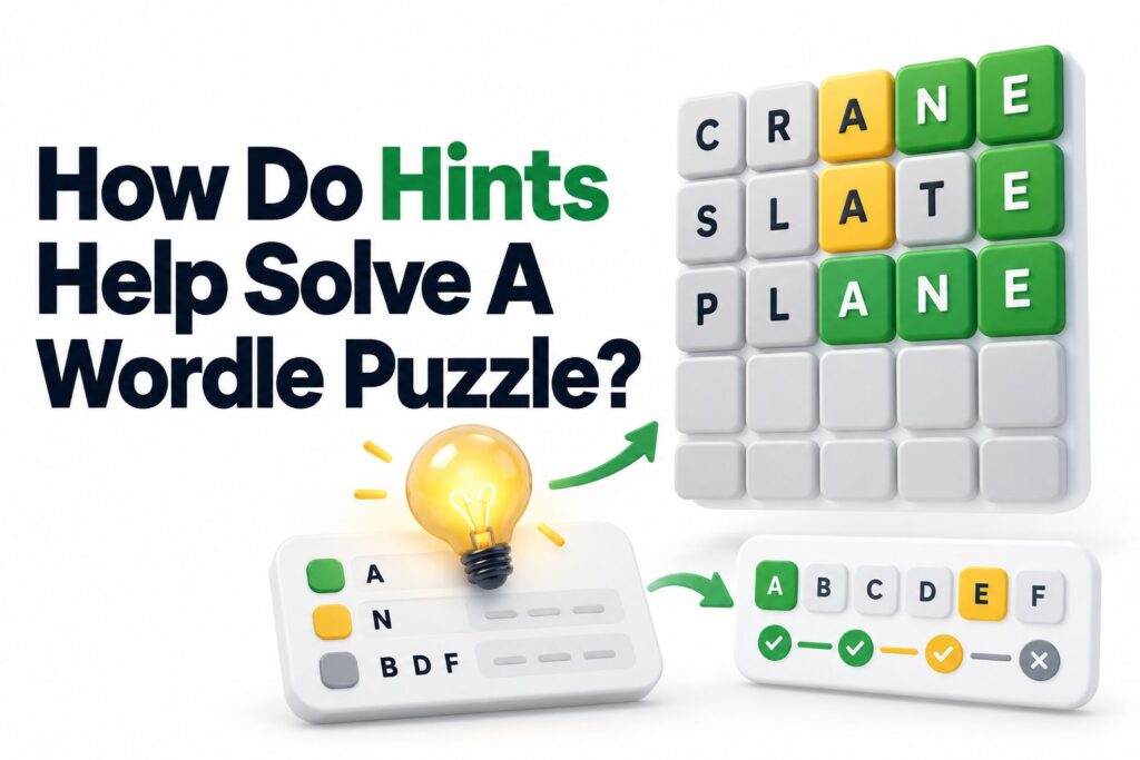 Wordle puzzle grid with colored tiles and helpful letter hints